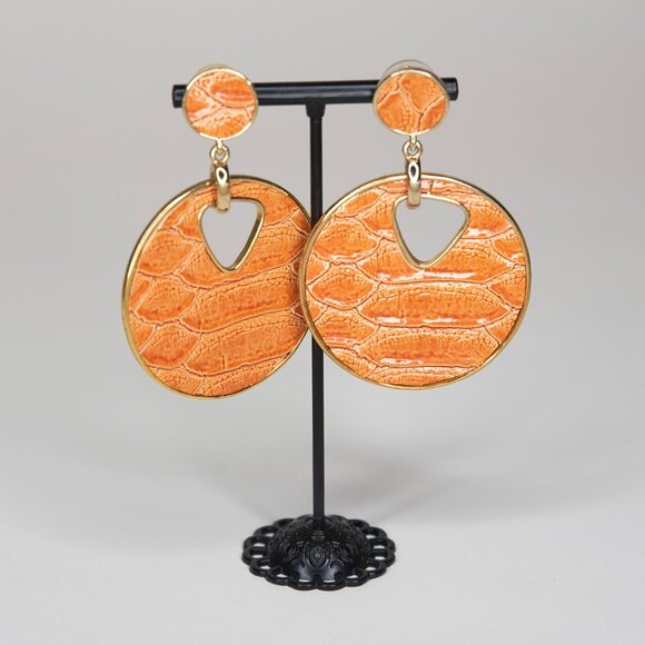 Orange Circle Shape With Cutout Animal Print Texture Faux Gold Trim‎ Earrings - Picture 1 of 11